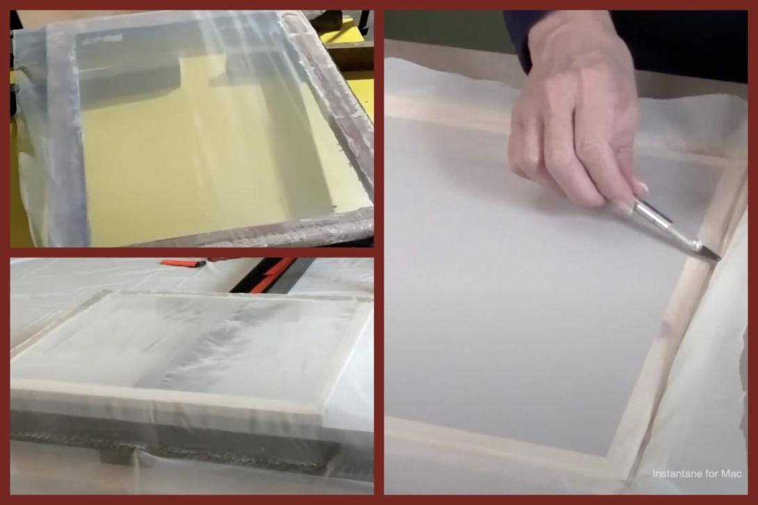A collage of three images of people stretching screens on a silkscreen for printmaking