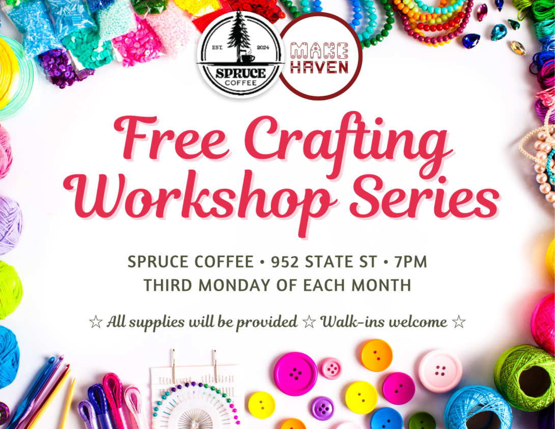 Colorful image promoting the crafting at Spruce series. Border is made of different crafting supplies, with the Spruce and MakeHaven logo.