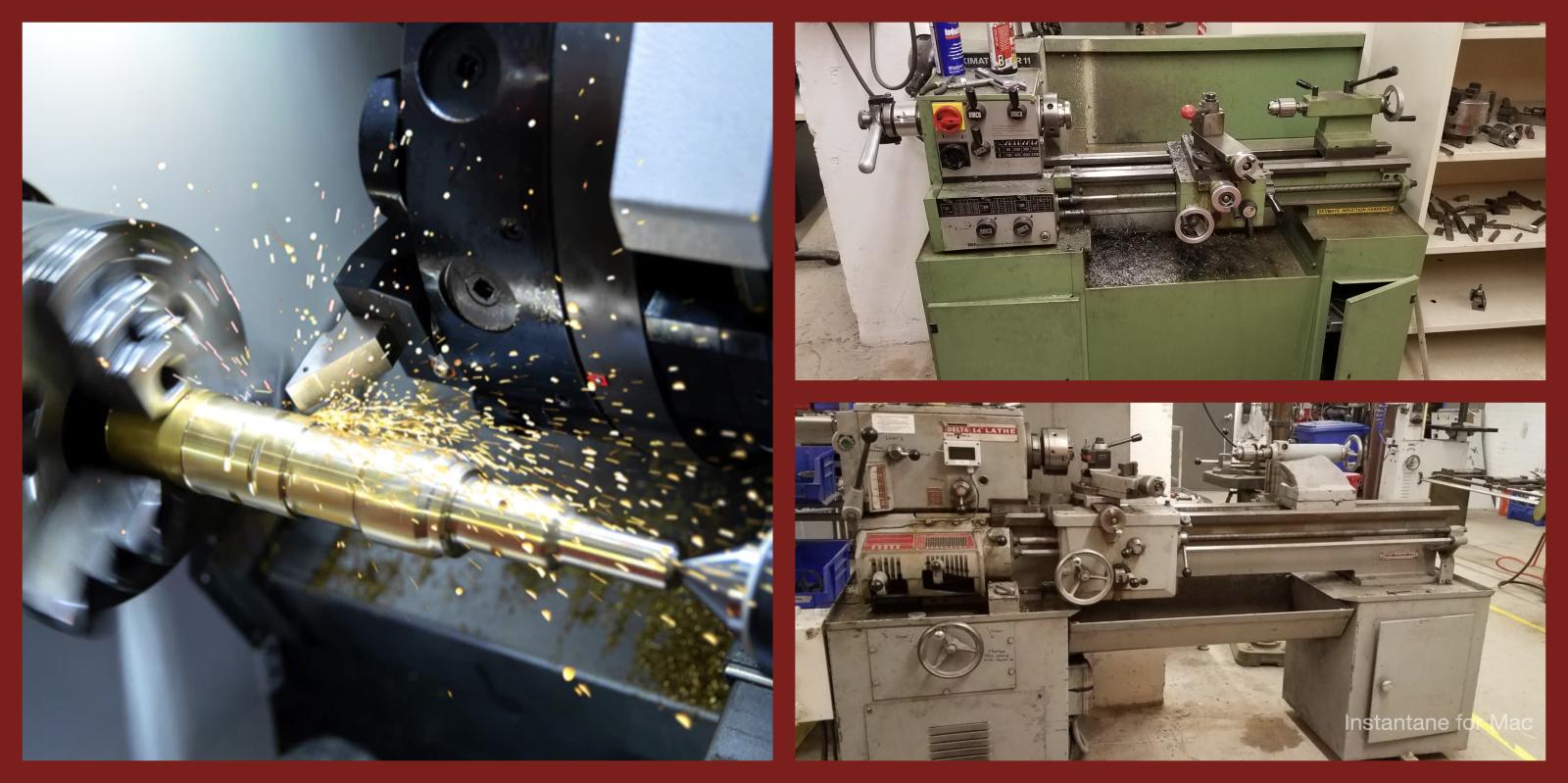 Collage of three metal lathes: a close-up of a lathe cutting metal with sparks, a green manual lathe, and a gray manual lathe in workshop settings.