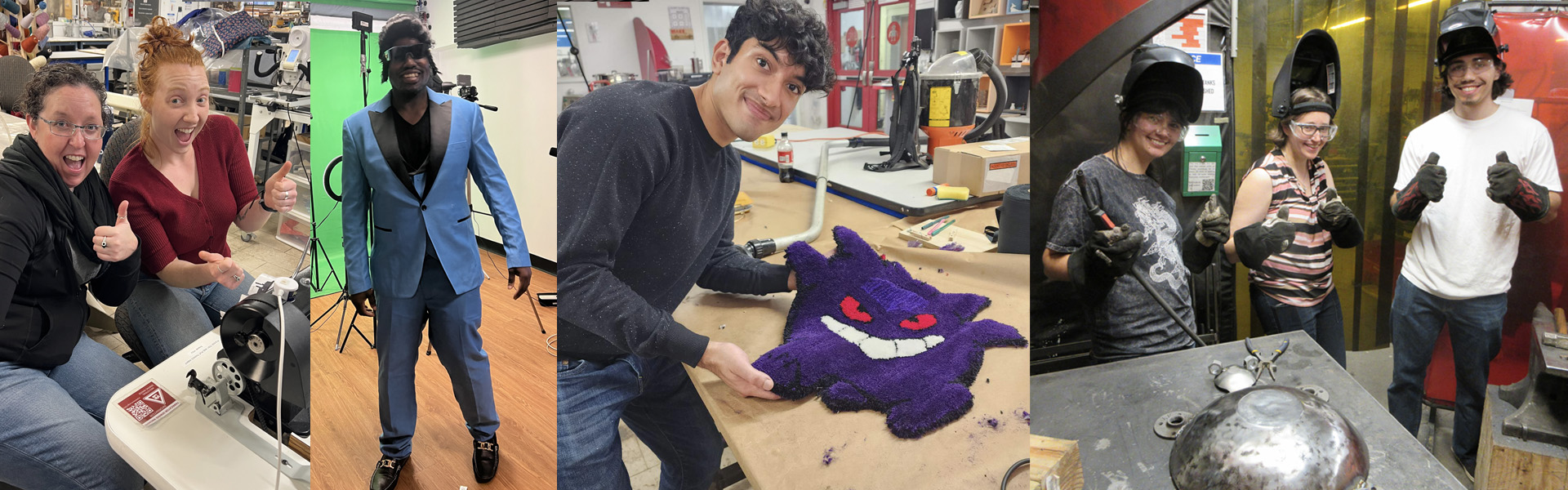 A wide collage-style banner showing four scenes of people making projects at MakeHaven. On the left, two people smile and give enthusiastic thumbs-up while seated at sewing machines. Next, a person wearing a bright blue suit poses confidently in a studio with lights and a green screen. The third panel shows someone leaning over a workbench, proudly holding a purple rug tufted in the shape of the Pokémon character Gengar. On the right, three people in welding gear smile and give thumbs-up inside the metal shop, surrounded by tools and safety curtains.