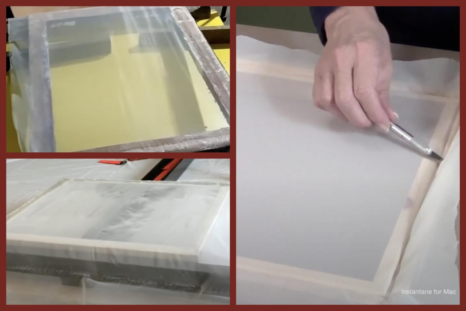 A collage of three images of people stretching screens on a silkscreen for printmaking