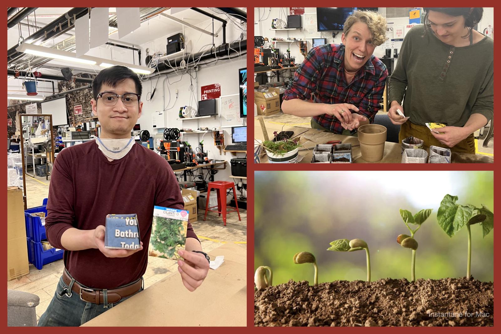 This three-image collage captures a lively seed and soil swap event in a makerspace. The left image features a young man in glasses and a maroon shirt holding up a cilantro seed packet and a small biodegradable planter, while the top-right image shows two smiling participants enthusiastically preparing soil and seeds in handmade newspaper pots. The bottom-right image is a close-up of sprouting seedlings emerging from the soil, symbolizing the growth and creativity fostered at the event.