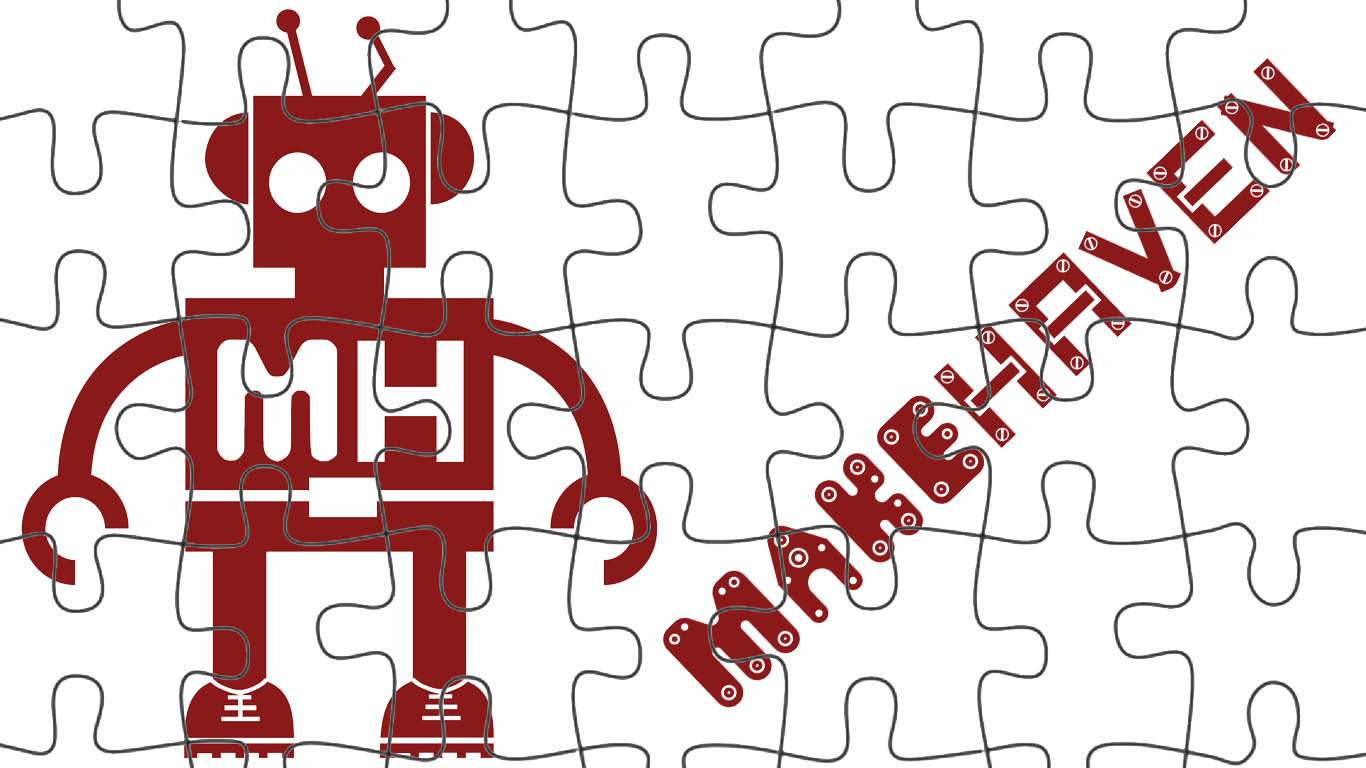 The red MakeHaven robot and logo made to look like a puzzle
