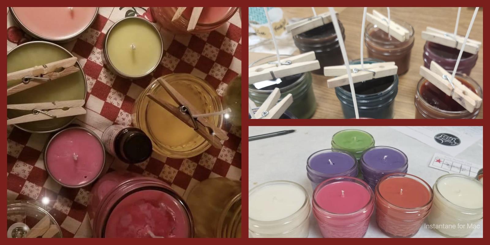 3 images of soy candles in small glass jars, both candles and jars are an assortment of cheerful colors