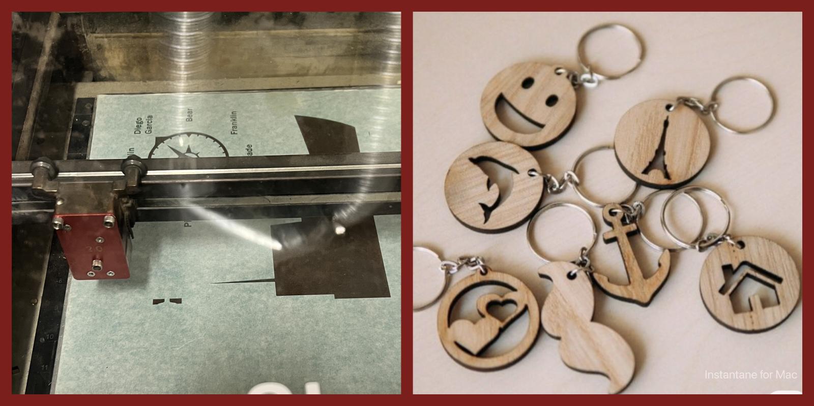 1 image of the inside view of a laser cutter in action. 1 image of an assortment of simple circular wooden keychains with laser cut images on them. 