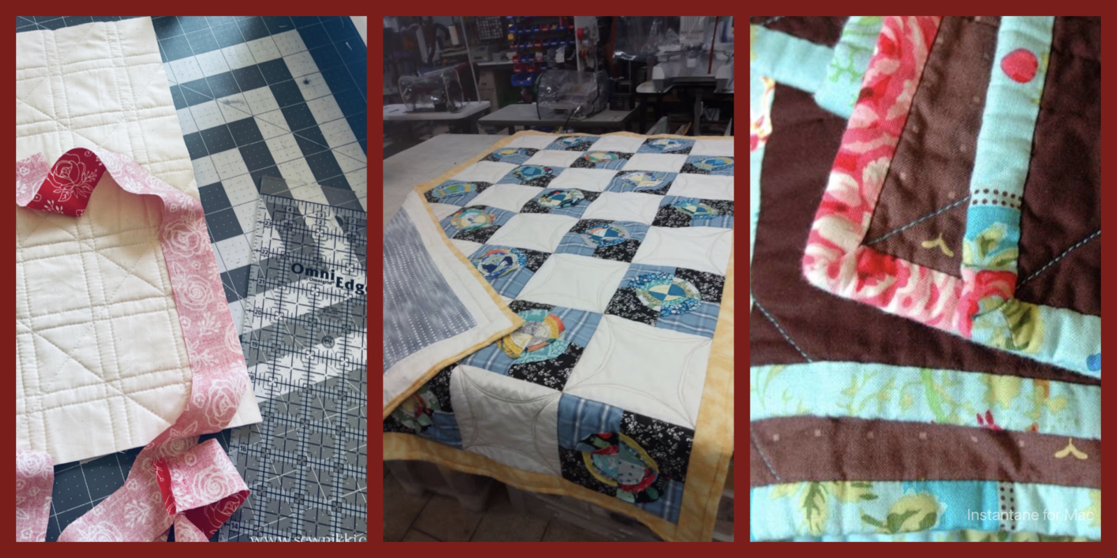Collage of three quilts showing binding details: fabric strips being prepared, a completed quilt with yellow binding, and a close-up of colorful finished edges.