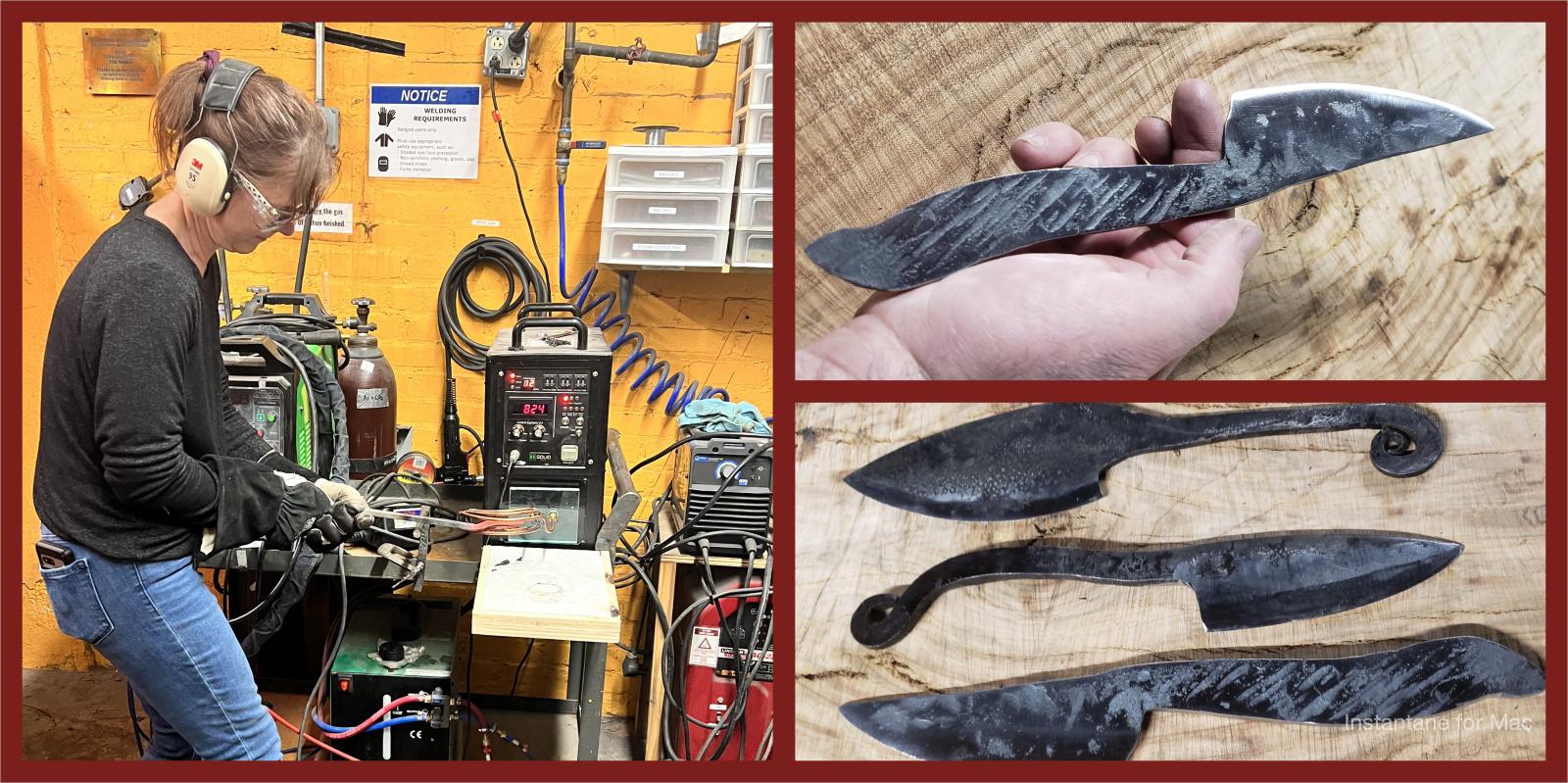 A woman welds in a workshop (left), while the other two images show hand-forged knives in various stages of completion, including a close-up of one held in a hand and a trio laid out on wood (right).