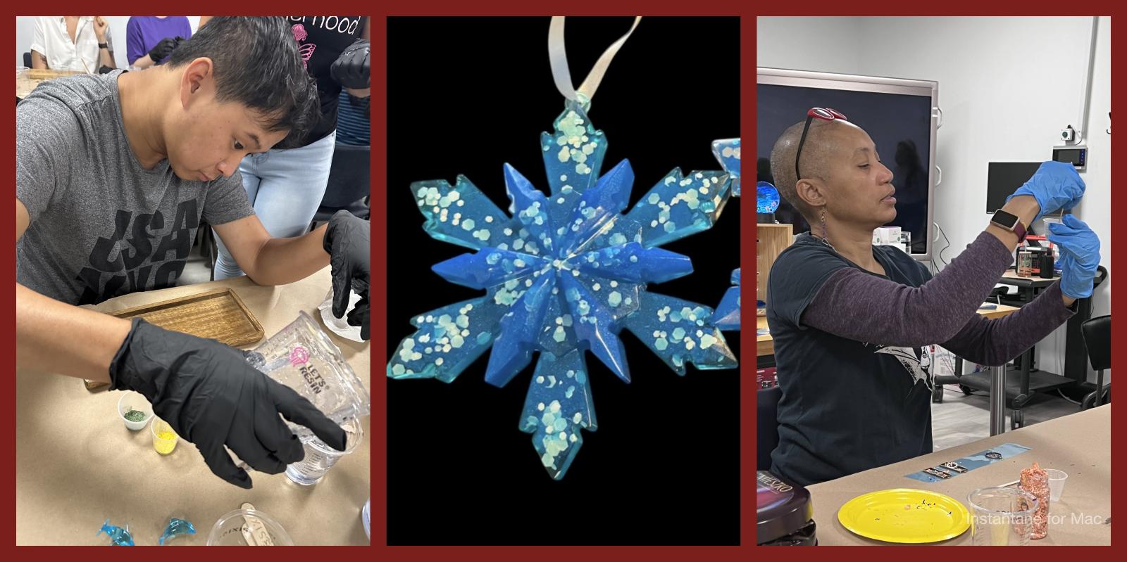 A collage of resin crafting: the left shows a person pouring resin into a mold, the right shows another person carefully working with resin, and the center displays a finished blue glittery snowflake ornament.