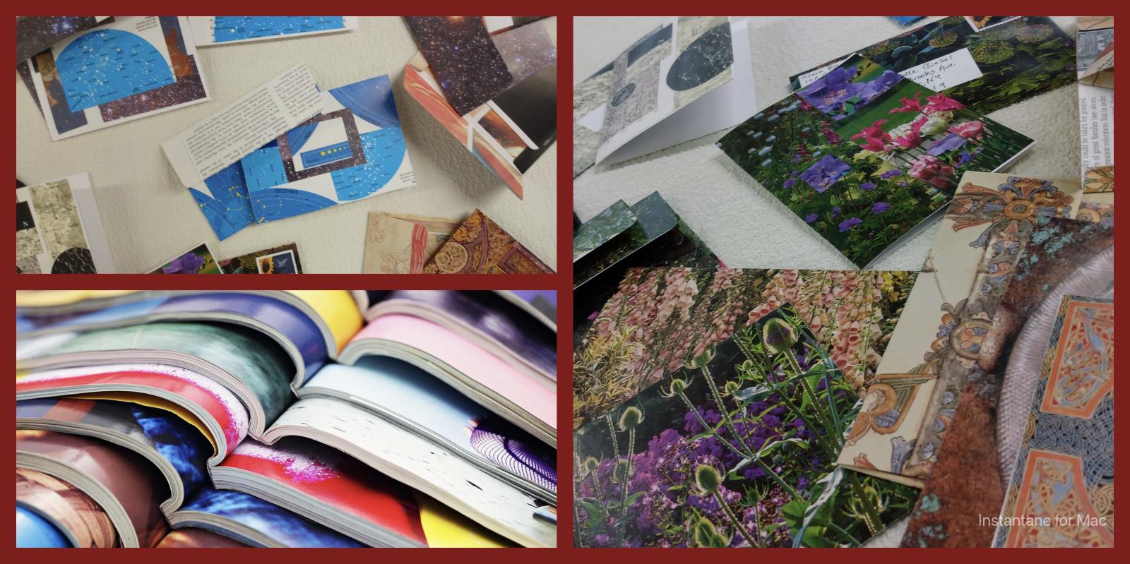 3 colorful images of recycled paper and magazines, repurposed into small cards
