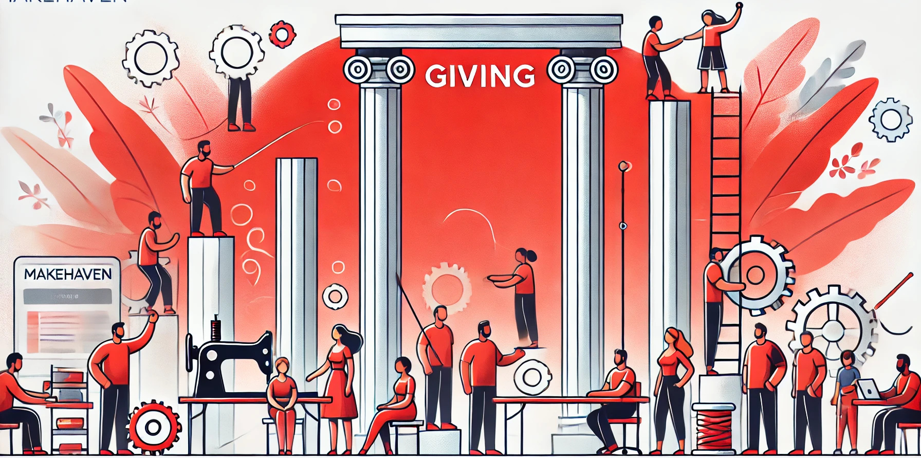 People working on tools, and columns