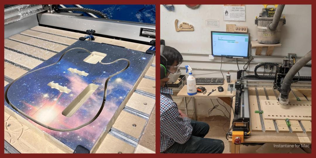 1 image of a guitar body cut out of a night sky patterned wood, 1 image of the full machine