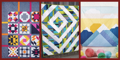 Three modern quilts are displayed side by side: one with colorful block patterns on a gray background (left), one with angular white diamonds over a geometric blue and green design (center), and one depicting stylized mountains, clouds, and a sun in soft pastel tones (right).