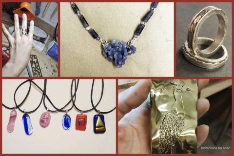 This collage features a variety of handmade jewelry and metalwork pieces, including rings, pendants, and etched designs. Highlights include fused glass pendants in vibrant colors, textured metal rings, a beaded necklace with a crystal cluster, and a brass plate embossed with a detailed bird design.          Ask ChatGPT