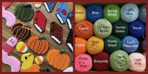 1 image of various colored yarn skeins, 1 image of small tufted rugs in the shapes of worms, books and pumpkins