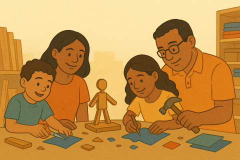 An illustration of two families working together at a makerspace table. On the left, a smiling boy cuts a piece of blue fabric while his mother watches supportively. On the right, a girl uses a hammer on a small wooden project while her father assists, holding the wood steady. In the center of the table is a small wooden figure, and scraps of fabric and wood are scattered around. Shelves of materials and a warm, beige-toned workshop background complete the scene.