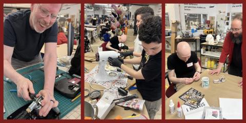 3 photos of people working on various items inside the MakeHaven main space.