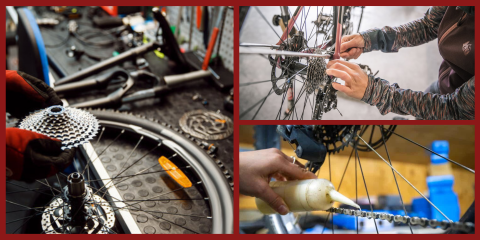 A collage showing bicycle drivetrain maintenance: the left image shows a person holding a bike cassette near a wheel and tools; the top right shows hands adjusting a rear derailleur; the bottom right shows bike chain lubrication using a squeeze bottle.