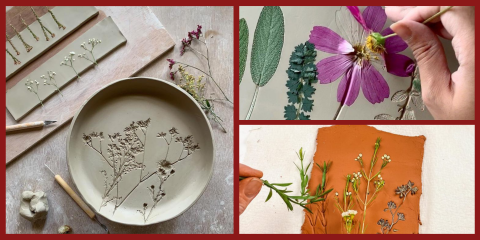 A collage showing botanical clay art: the left image features flowers pressed into clay slabs and a round dish, creating detailed impressions; the top right shows a person painting over a pressed flower in clay; the bottom right displays fresh plants arranged on terracotta-colored clay before pressing.