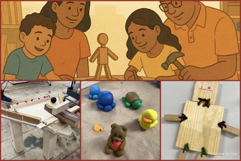 A collage of family-friendly maker activities. The top panel is an illustration of a family working together at a table, smiling as they build with wood. The bottom left shows a homemade marble run built from scrap wood with ramps and a black marble. The bottom center displays colorful clay figures including a blue animal, a green turtle, a yellow duck, and a brown bear holding a red heart. The bottom right features a simple wooden robot figure made from flat wood pieces tied together with pipe cleaners, wi