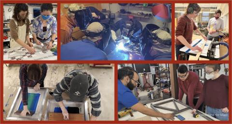 A collage of workshop scenes showing people working on hands-on projects. Top left: two people wearing masks arranging printed fabric pieces. Top center: several participants welding with protective helmets as sparks fly. Top right: a person using a woodworking router while another observes. Bottom left: two people screen printing with ink and squeegees. Bottom right: three individuals examining a metal frame on a workbench.