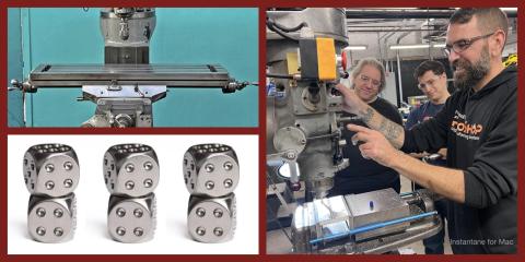 A collage showing a metalworking class. On the right, an instructor demonstrates how to operate a milling machine to two students, who watch closely. On the left, two smaller images show a milling machine and a pair of shiny metal dice—examples of the kind of item made in the workshop.