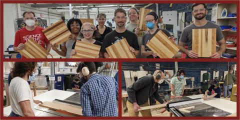 3 people working on woodworking tools, 7 people smiling and holding up their completed cutting boards