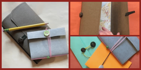 A collage showing handmade refillable notebooks with colorful covers and creative closures. The main image on the left features a brown notebook and a smaller gray one tied with pink elastic and a green button, with a pencil resting on top. The top right image shows a hand opening a brown notebook to reveal patterned pages inside. The bottom right image shows teal, gray, and orange notebooks secured with elastic loops and buttons. The collage has a dark red border.