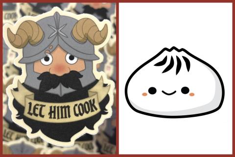 A split image with a red border. On the left is a cartoon Viking-style character with a horned helmet, blushing cheeks, a mustache, and wide eyes, holding a banner that says “Let Him Cook.” On the right is a cute, smiling bao dumpling illustrated in a simple, rounded style with rosy cheeks and black line details on top.