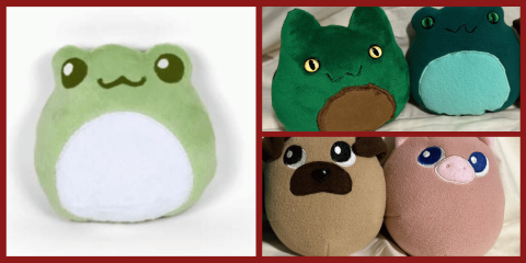 A collage of round plush toys with a dark red border. On the left is a light green frog plush with a white belly and small smiling face. On the right, the top image shows a green cat plush with yellow eyes next to a teal frog plush with button eyes and a blue belly. The bottom right image shows a tan dog plush with a dark brown muzzle beside a pink pig plush with blue embroidered eyes and a light pink snout.