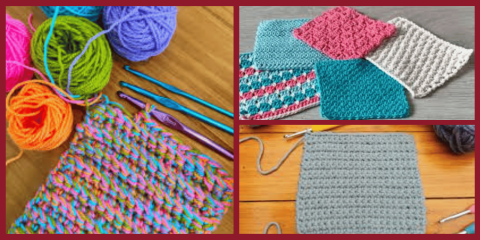 A collage of crochet work. Left: colorful yarn balls, crochet hooks, and a multicolored swatch in progress. Top right: several finished crochet sample squares in different stitches and colors. Bottom right: a gray crochet square laid flat on a wooden surface.