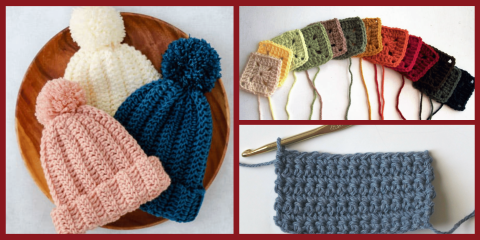 A collage of crochet projects, including three knit-style hats with pom-poms, a row of small crocheted squares in varied colors, and a close-up of a blue crochet swatch on a hook.