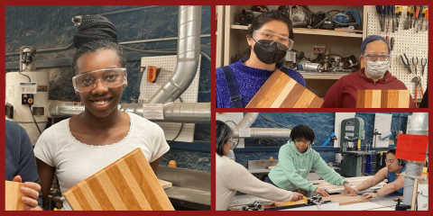 A collage with a dark red border showing participants in a woodworking class. The left image shows a smiling woman holding her finished striped cutting board. The top right image shows two other students holding their own cutting boards in front of a wall of tools. The bottom right image shows several participants working together at a table saw, guiding wood pieces as they cut.
