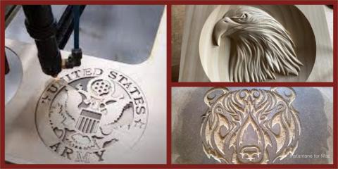 A collage showing CNC carving work. Left: a CNC machine carving the United States Army seal into wood. Top right: a detailed carved eagle head in wood. Bottom right: an ornate animal face design carved into a flat surface.