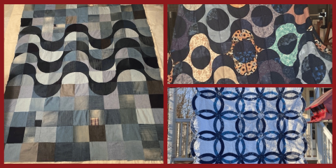 A collage of quilts featuring curved and geometric patterns. Left: a blue-gray quilt with wavy shapes over a patchwork background. Right: two quilts with repeating oval and interlocking ring designs in dark blues and mixed prints.