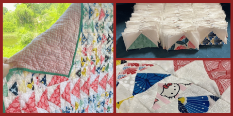 A collage showing quilt-making details. Left: a finished quilt with colorful triangle patterns and pink backing held up near a window. Right: stacks of small triangle units and a close-up of a pieced block with bright prints.