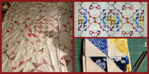 A collage of quilting work. Left: a finished quilt with repeating geometric blocks in soft reds and neutrals. Top right: a colorful quilt pattern diagram. Bottom right: a close-up of pieced fabric triangles on a cutting mat.