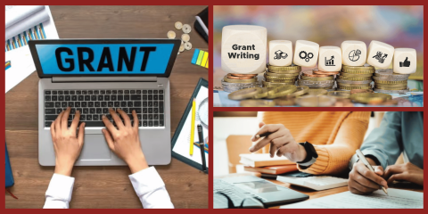 A three-panel image showing a person typing on a laptop with the word "GRANT" on the screen, a row of blocks that spell "Grant Writing" atop stacks of coins, and two people working together at a desk with notebooks and pens.