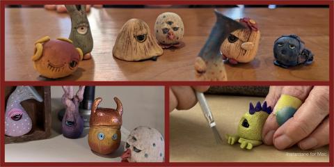 A three-panel image featuring a collection of small, whimsical clay monsters with expressive eyes, alongside a close-up of a person using a fine brush to detail a small green creature.