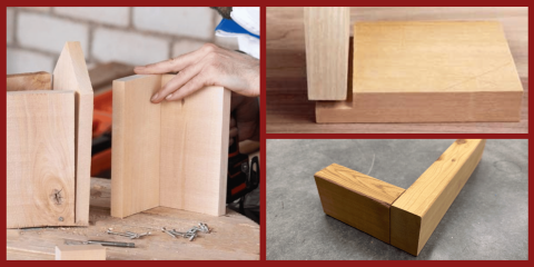 A three-panel image showing the construction of a wooden joint, including a person aligning two light-colored boards and close-up views of the interlocking wood pieces.