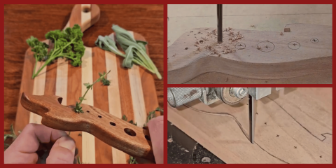 A three-panel image displays a multi-use wooden tool being used to strip herbs, alongside process shots of it being manufactured with a drill press and a band saw.