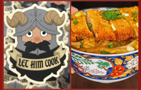 A split image featuring a cartoon dwarf sticker with a "LET HIM COOK" banner on the left, and a close-up of a katsu bowl with breaded cutlets and green onions in an ornate blue and white ceramic bowl on the right.