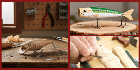 A three-panel image showing the process of making wooden fishing lures, including a carved unpainted lure on a workbench, a person using a fine tool to detail the wood, and a finished lure painted green and white with metal hooks.