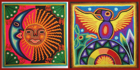 Two square, vibrant yarn paintings with folk art designs: the left panel features a face with sun rays merging with a crescent moon on a pink and black background, while the right panel shows a purple bird with outstretched yellow wings perched atop a colorful rainbow.