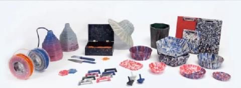 an array of items create from recycled plastics