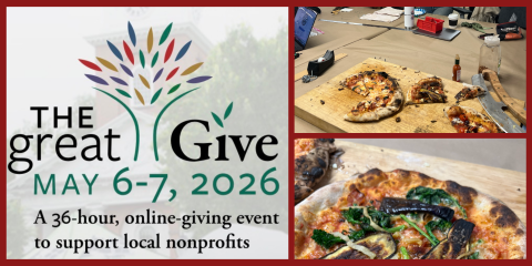 A three-panel image featuring "The Great Give" event flyer for May 6-7, 2026, alongside two photos of homemade pizzas with various toppings on a wooden cutting board.