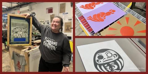 A three-panel image featuring screen printing: a woman holding a "Foundations of Fabrication" screen, several orange prints drying on a rack, and a black-and-white Daruma doll print.