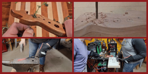 A four-panel image showcases various workshop activities: the top-left shows a wooden herb stripper in use, the top-right features a drill press creating holes in a matching wooden workpiece, and the bottom panels show individuals engaged in blacksmithing on an anvil and operating welding equipment.