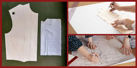 A three-panel image showing the process of fashion pattern making, featuring a paper bodice pattern next to a fabric muslin, a person tracing a pattern onto white paper, and two people collaborating on a complex pattern.
