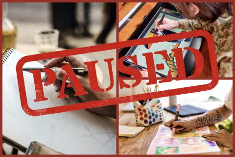 The Sketchbook social meetup with a red PAUSED stamp over top.