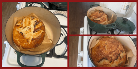 Three-panel image of freshly baked sourdough bread in a green Dutch oven lined with parchment paper.